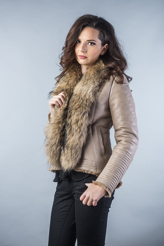 Floriane — Beige Merino Shearling Jacket with Racoon Fur Collar, alternate view 2