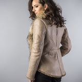 Beige Merino Shearling Jacket with Racoon Fur Collar-2