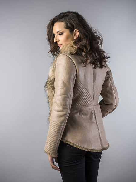 Beige Merino Shearling Jacket with Racoon Fur Collar-2