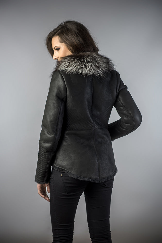 Aviana — Black Merino Shearling Jacket with Arctic Fox Fur Collar, alternate view 2