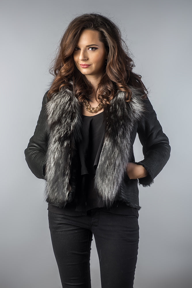 Aviana — Black Merino Shearling Jacket with Arctic Fox Fur Collar