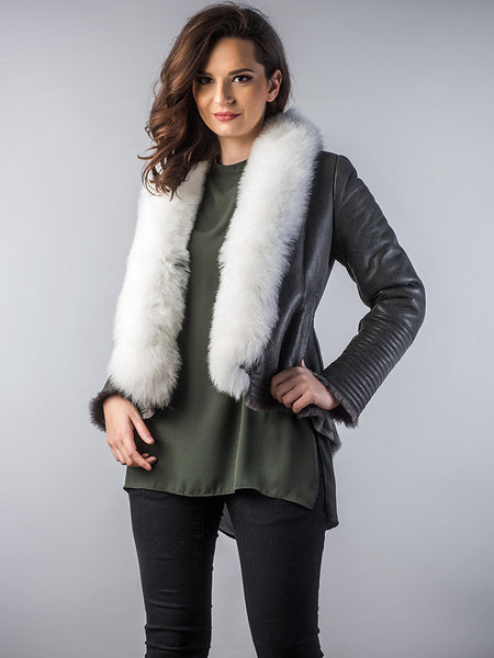 Gray Merino Shearling Jacket with Arctic Fox Fur Collar-0