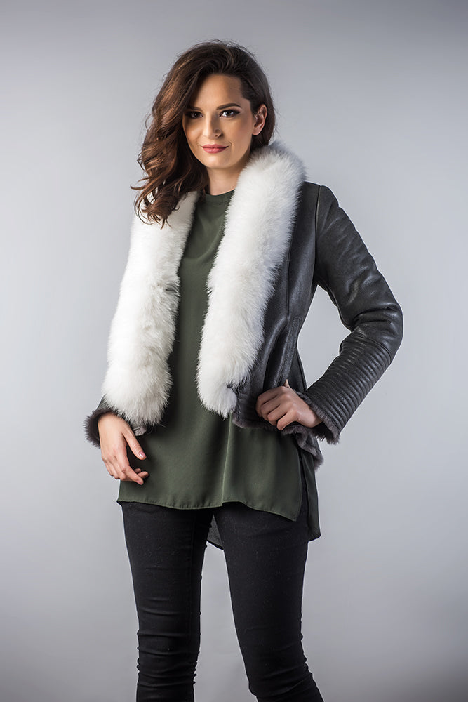 Tullia — Gray Merino Shearling Jacket with Arctic Fox Fur Collar