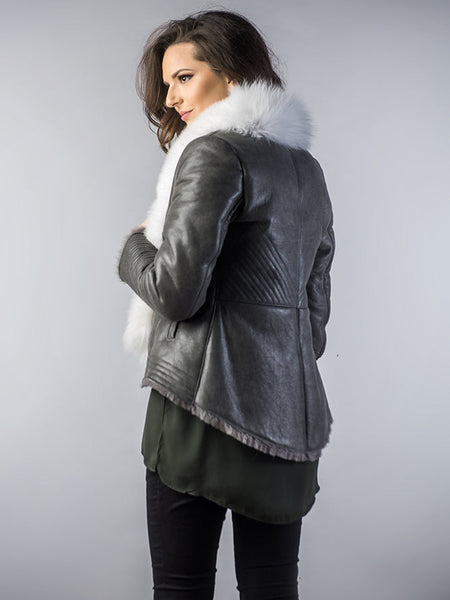 Gray Merino Shearling Jacket with Arctic Fox Fur Collar-1