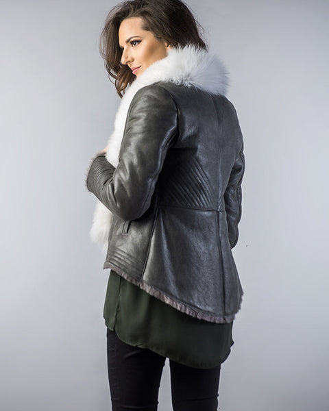 Gray Merino Shearling Jacket with Arctic Fox Fur Collar-1