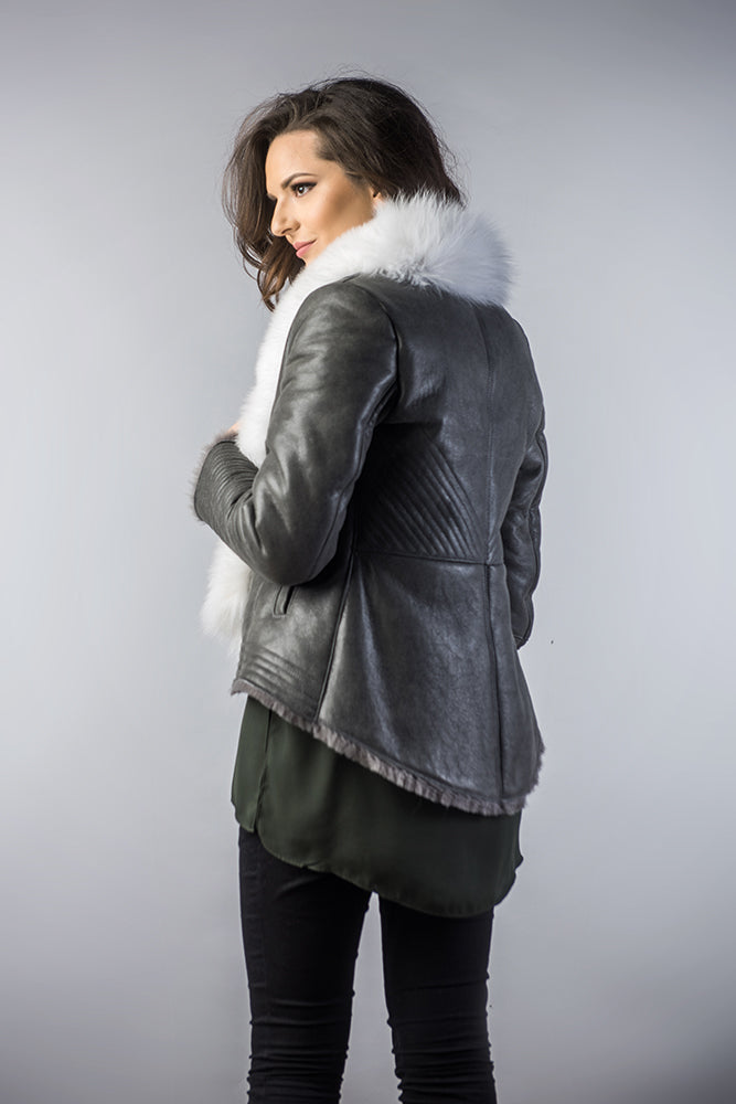Tullia — Gray Merino Shearling Jacket with Arctic Fox Fur Collar, alternate view 2