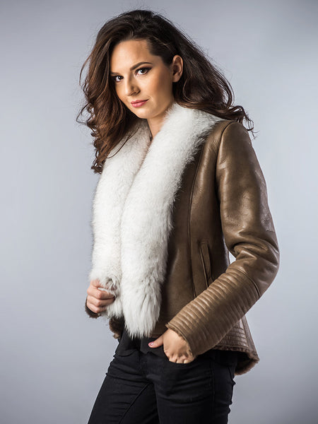 Taupe Merino Shearling Jacket with Arctic Fox Fur Collar-0