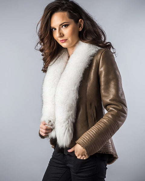 Taupe Merino Shearling Jacket with Arctic Fox Fur Collar-0