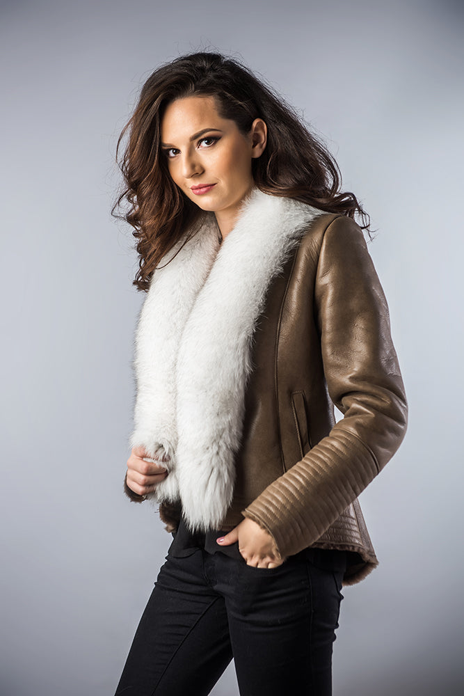 Adelaine Beaumont — Taupe Merino Shearling Jacket with Arctic Fox Fur Collar