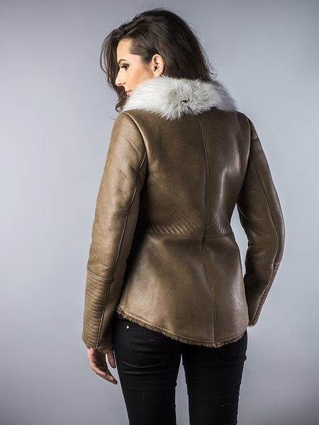 Taupe Merino Shearling Jacket with Arctic Fox Fur Collar-2