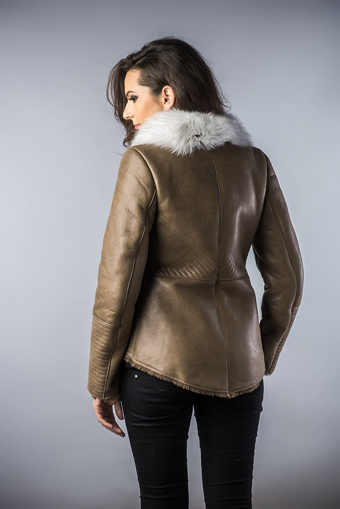 Adelaine Beaumont — Taupe Merino Shearling Jacket with Arctic Fox Fur Collar, alternate view 3