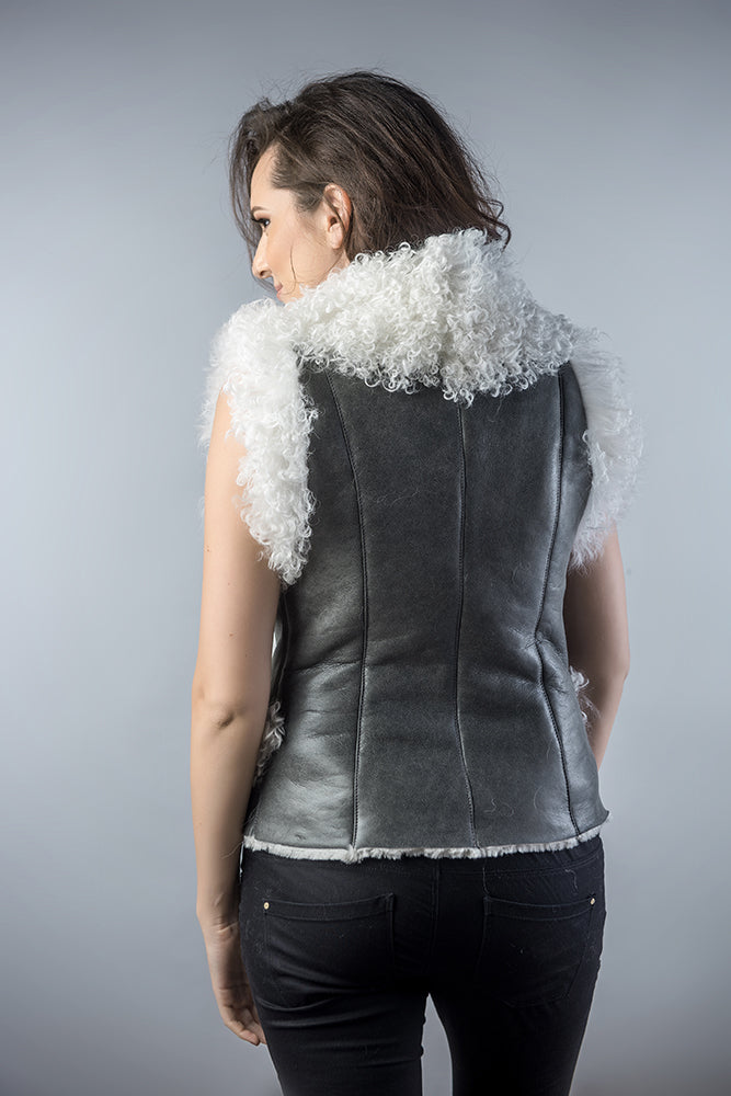 Rafaela Rivière — Gray Natural Nappa Lambskin Merino Fur Vest Gray Women's Coat or Jacket, alternate view 2