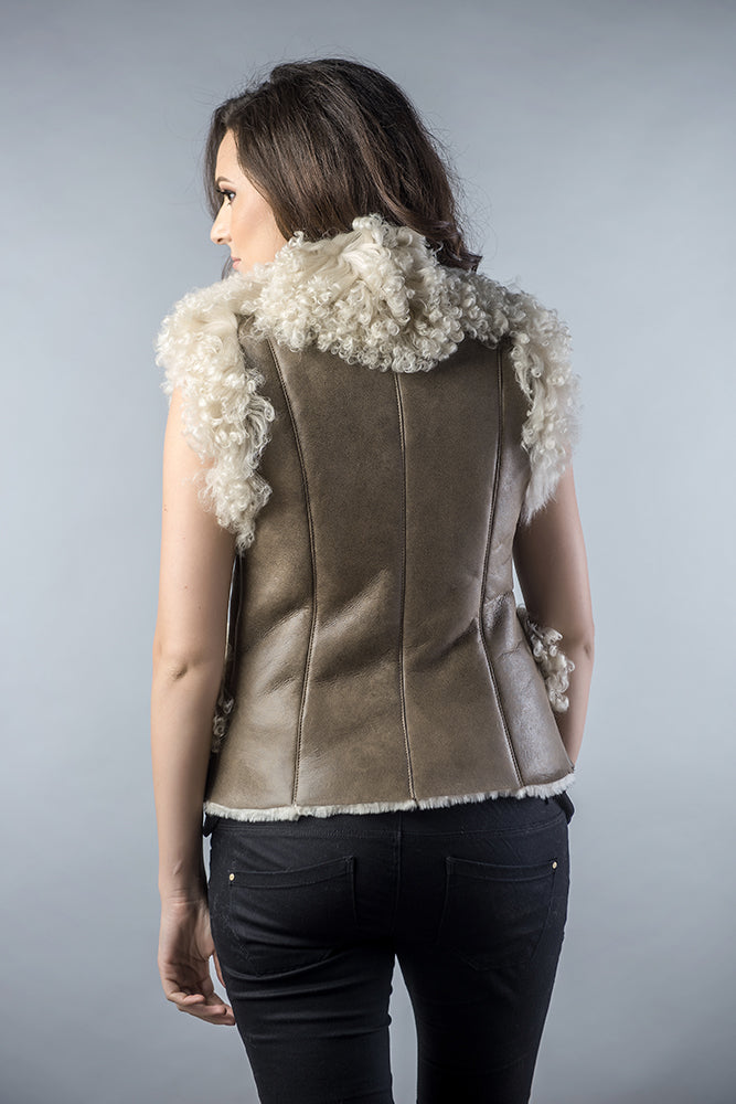 Liliana Rivière — Taupe Natural Nappa Lambskin Merino Fur Vest Taupe Women's Coat or Jacket, alternate view 2