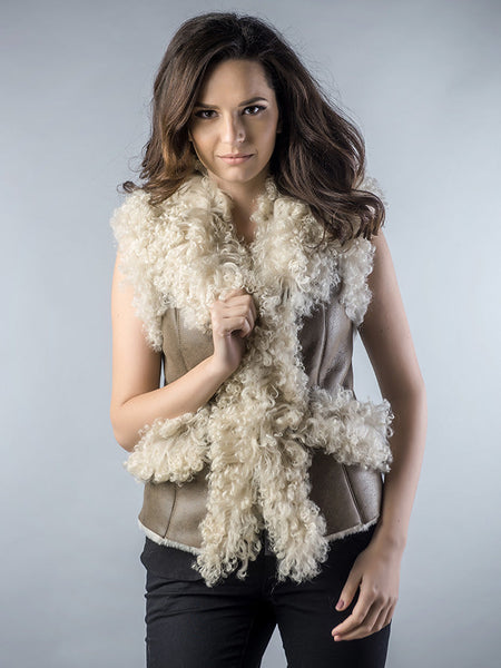 Taupe Natural Nappa Lambskin Merino Fur Vest-0