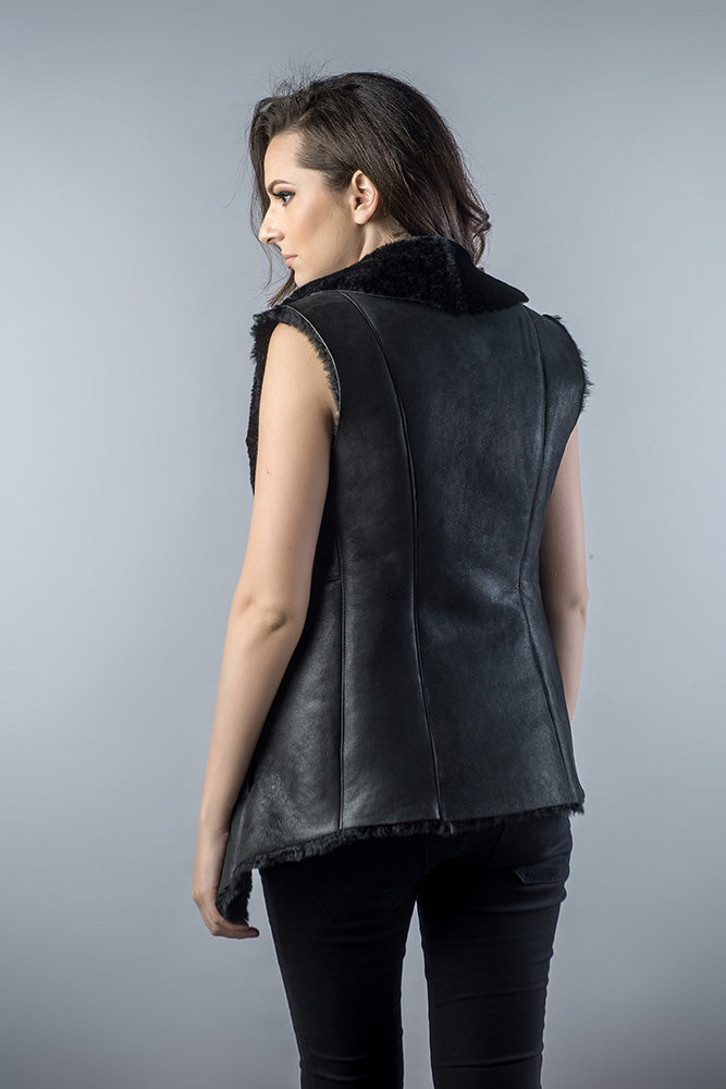 Nadine Rivière — Black Genuine Nappa Lambskin Merino Fur Vest Black Women's Coat or Jacket, alternate view 2