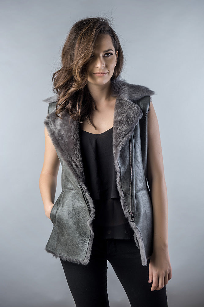 Yvette Rivière — Gray Genuine Nappa Lambskin Fur Vest Gray Women's Coat or Jacket, alternate view 2