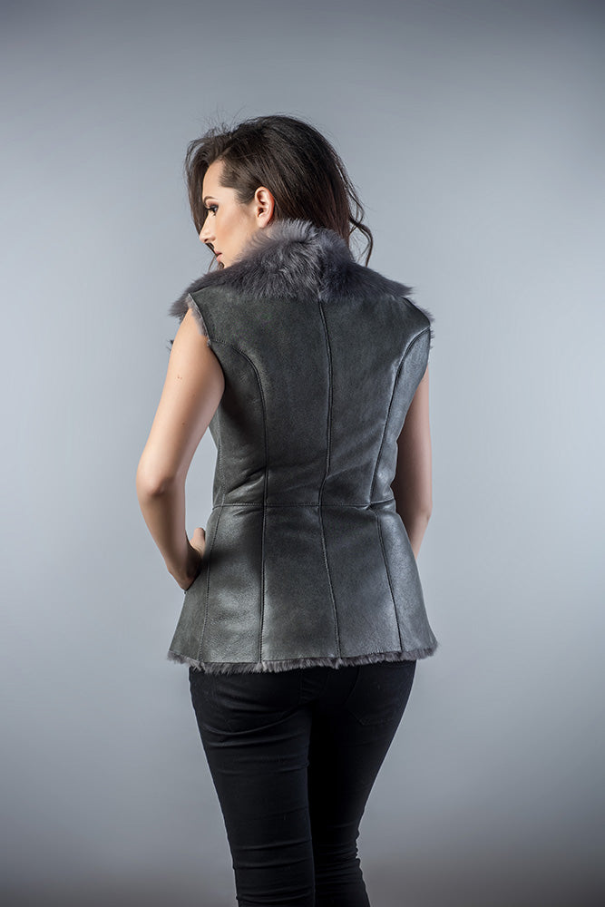 Yvette Rivière — Gray Genuine Nappa Lambskin Fur Vest Gray Women's Coat or Jacket