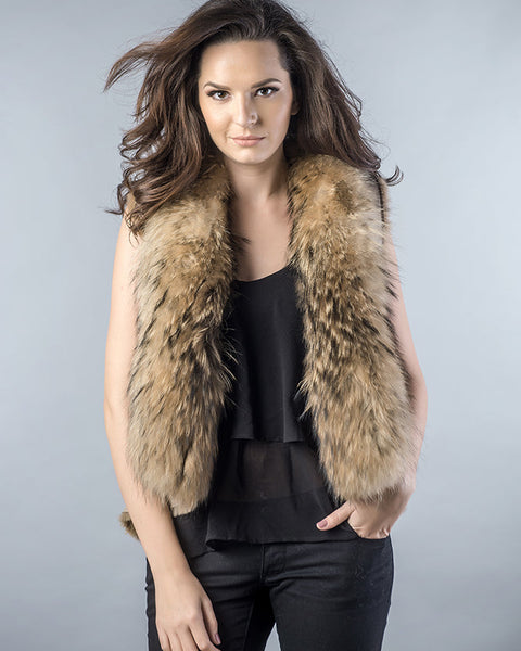 Beige Lamb Nappa Leather Vest with Raccoon Fur Detailing