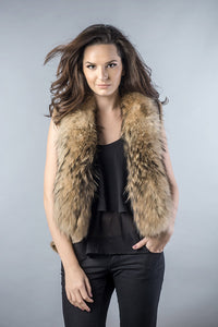 Magnolia Rivière — Beige Lamb Nappa Leather Vest with Raccoon Fur Detailing Beige Women's Coat or Jacket