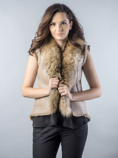 Beige Lamb Nappa Leather Vest with Raccoon Fur Detailing