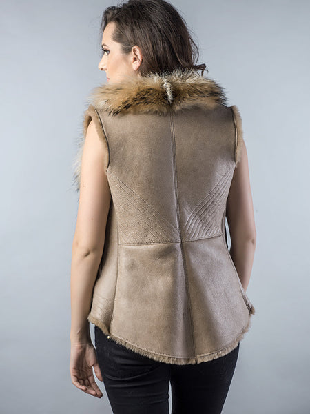 Beige Lamb Nappa Leather Vest with Raccoon Fur Detailing