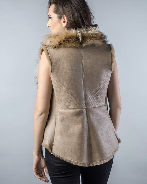 Beige Lamb Nappa Leather Vest with Raccoon Fur Detailing