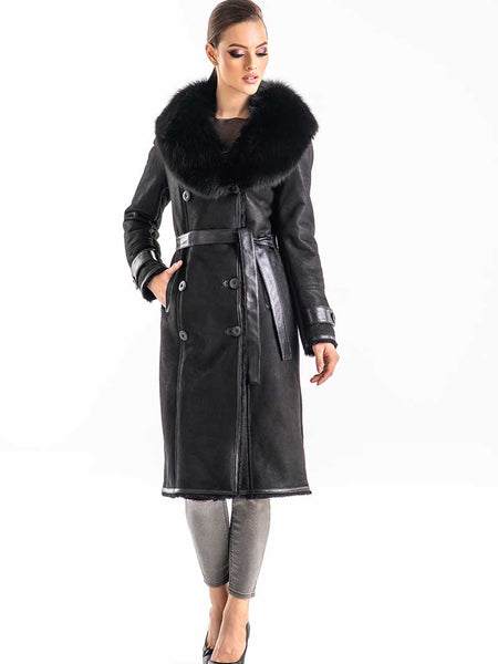 Black Genuine Merino Shearling Coat with Arctic Fox Fur Collar