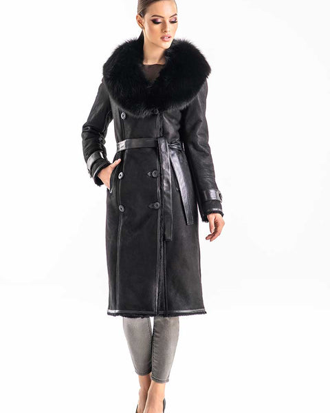 Black Genuine Merino Shearling Coat with Arctic Fox Fur Collar