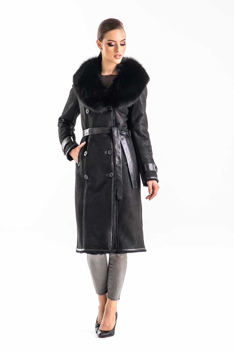 Ysabeau — Black Genuine Merino Shearling Coat with Arctic Fox Fur Collar, alternate view 2