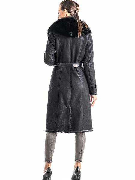 Black Genuine Merino Shearling Coat with Arctic Fox Fur Collar