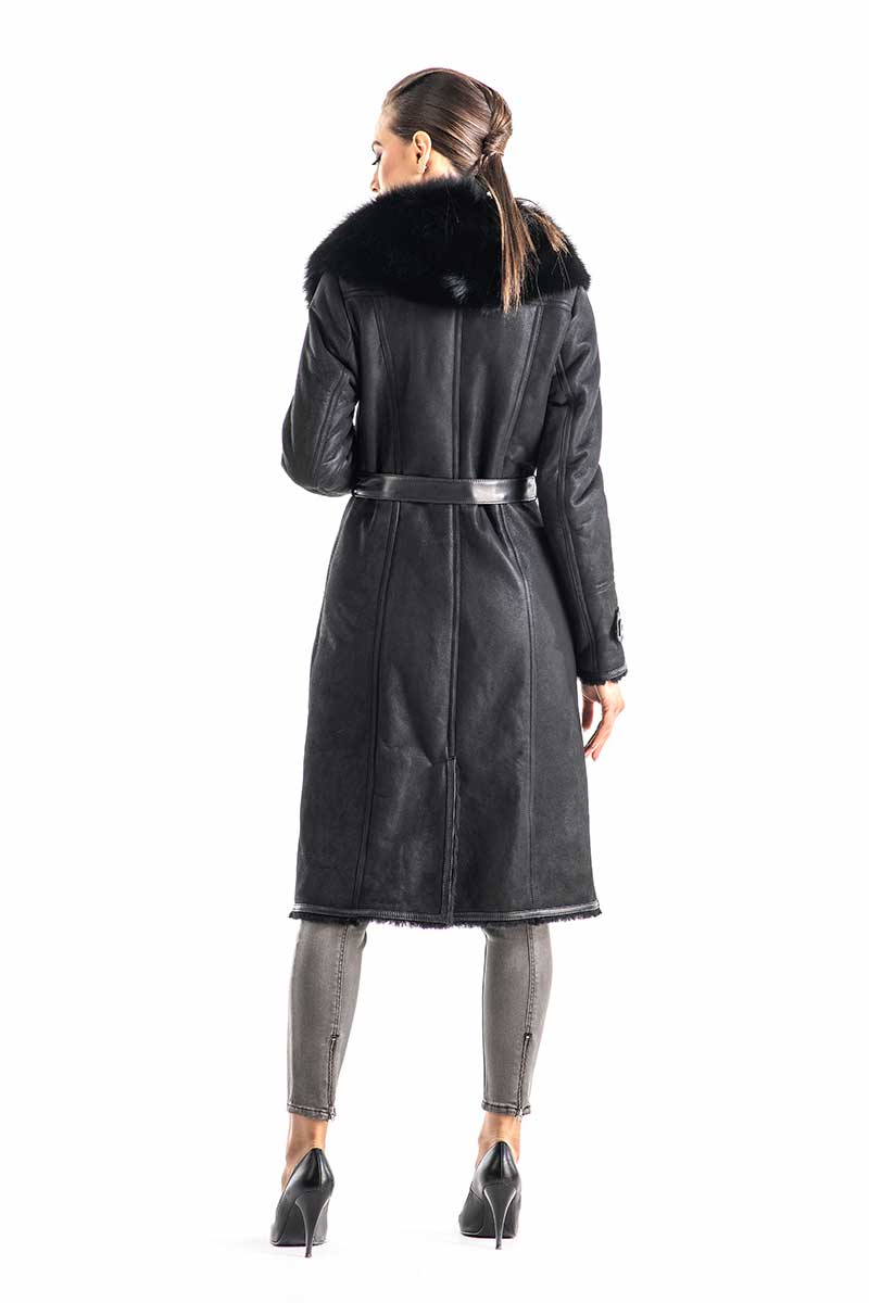 Ysabeau — Black Genuine Merino Shearling Coat with Arctic Fox Fur Collar