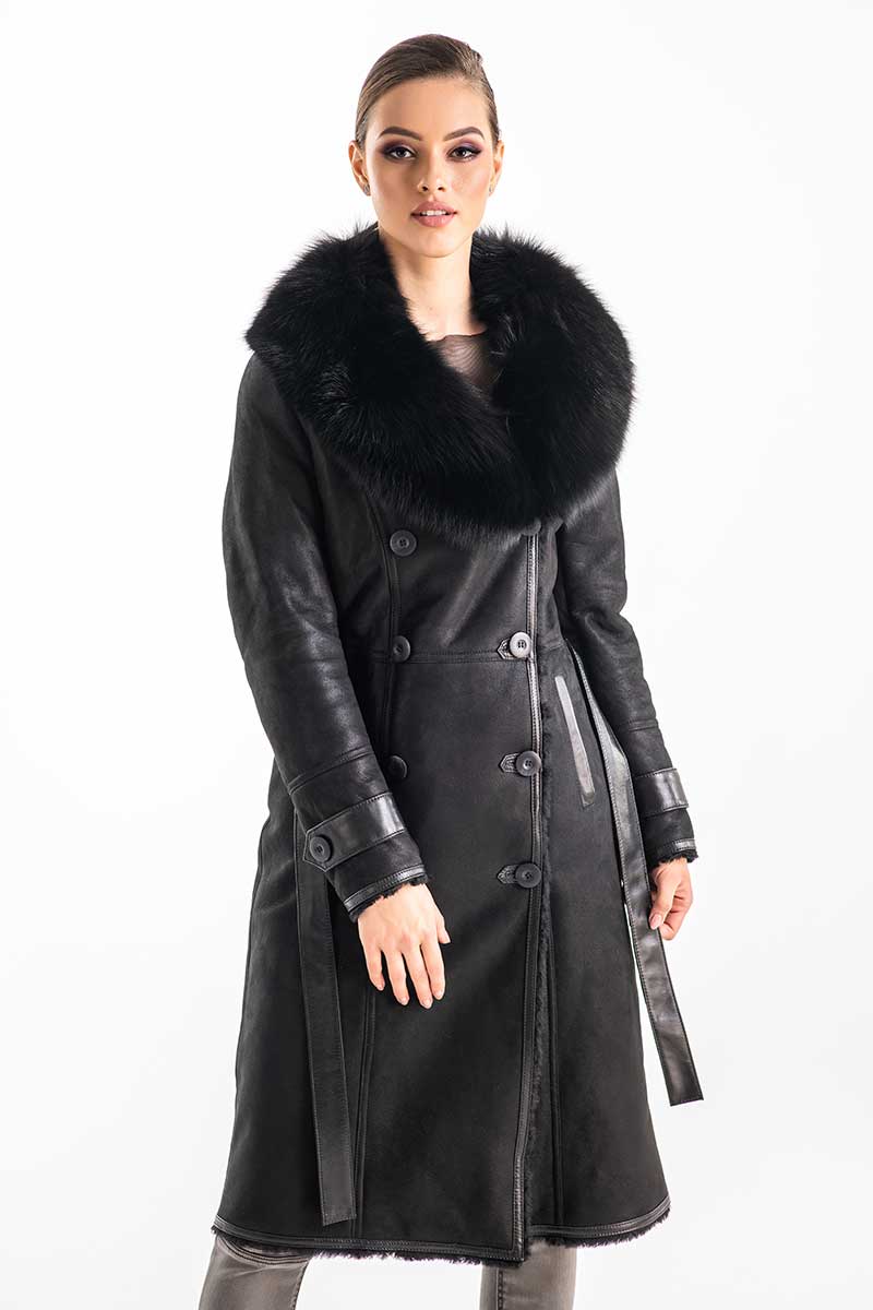 Ysabeau — Black Genuine Merino Shearling Coat with Arctic Fox Fur Collar, alternate view 3