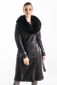 Ysabeau — Black Genuine Merino Shearling Coat with Arctic Fox Fur Collar, alternate view 3