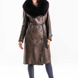 Brown Genuine Merino Shearling Coat with Arctic Fox Fur Collar-0