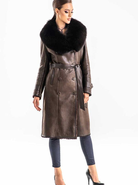 Brown Genuine Merino Shearling Coat with Arctic Fox Fur Collar-0