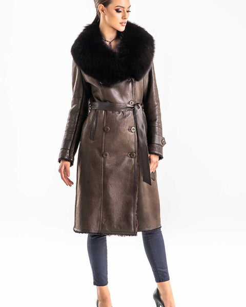 Brown Genuine Merino Shearling Coat with Arctic Fox Fur Collar-0