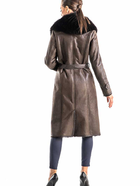 Brown Genuine Merino Shearling Coat with Arctic Fox Fur Collar-1
