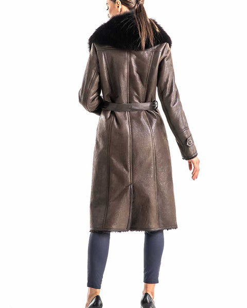 Brown Genuine Merino Shearling Coat with Arctic Fox Fur Collar-1