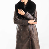 Brown Genuine Merino Shearling Coat with Arctic Fox Fur Collar-2