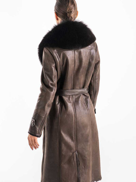 Brown Genuine Merino Shearling Coat with Arctic Fox Fur Collar-3