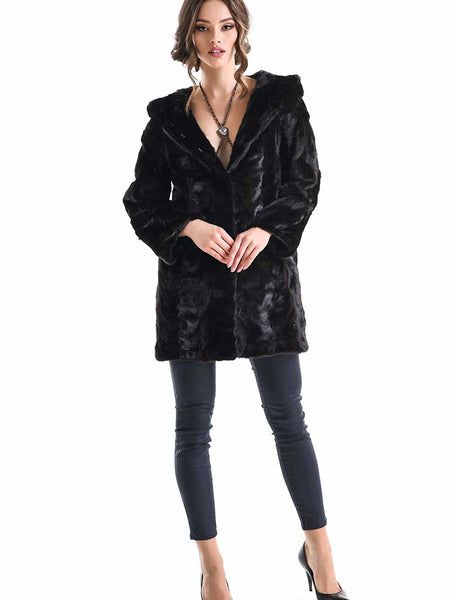 Dark Brown Hooded Genuine Mink Fur Coat with Leather Belt-0