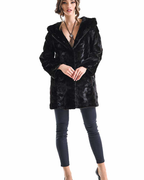 Dark Brown Hooded Genuine Mink Fur Coat with Leather Belt-0