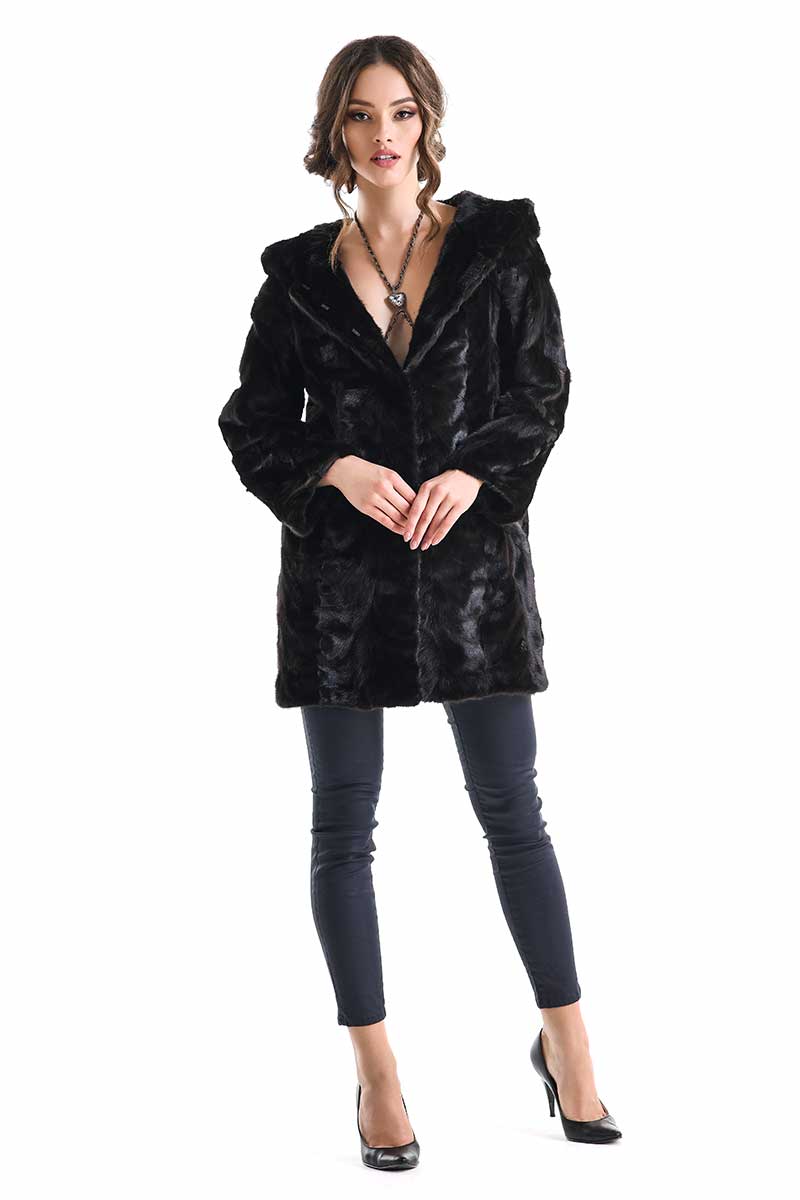 Sophronia Beaumont — Dark Brown Hooded Genuine Mink Fur Coat with Leather Belt