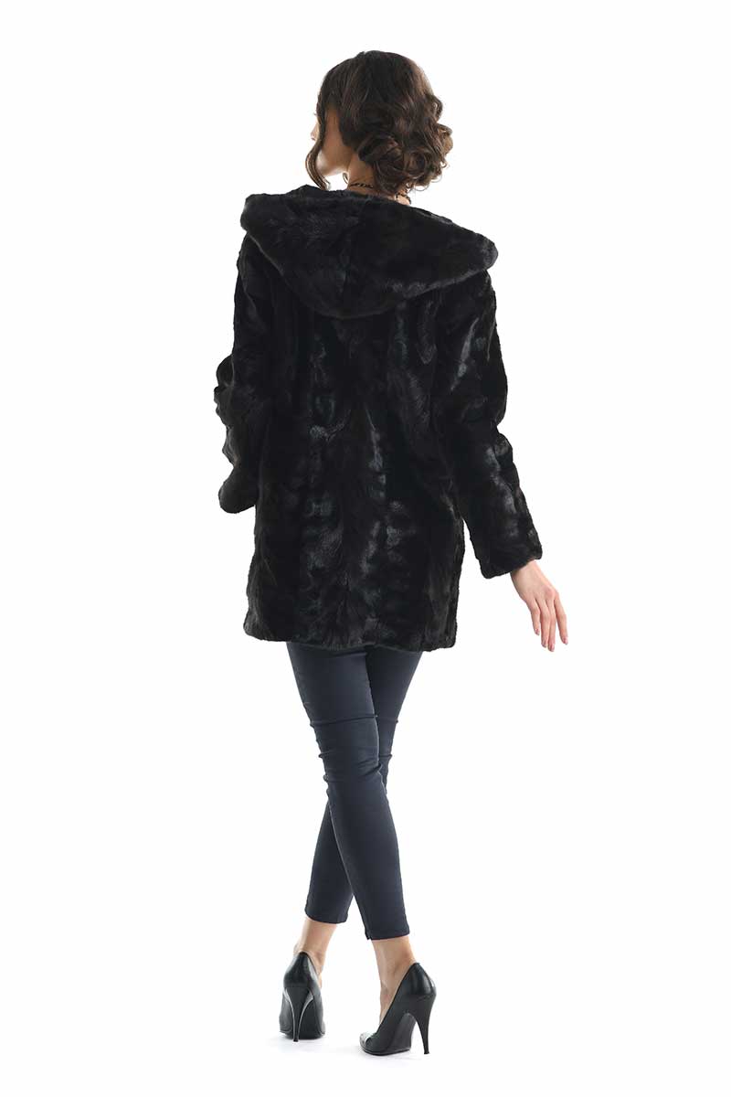 Sophronia Beaumont — Dark Brown Hooded Genuine Mink Fur Coat with Leather Belt, alternate view 2