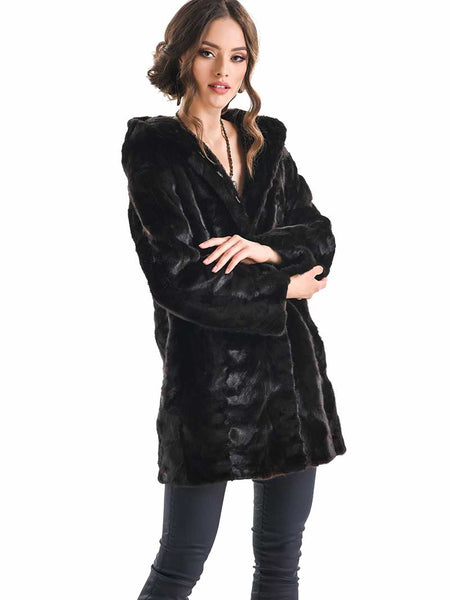 Dark Brown Hooded Genuine Mink Fur Coat with Leather Belt-2
