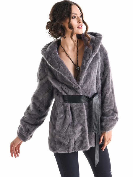 Gray Hooded Genuine Mink Fur Coat with Leather Belt-0