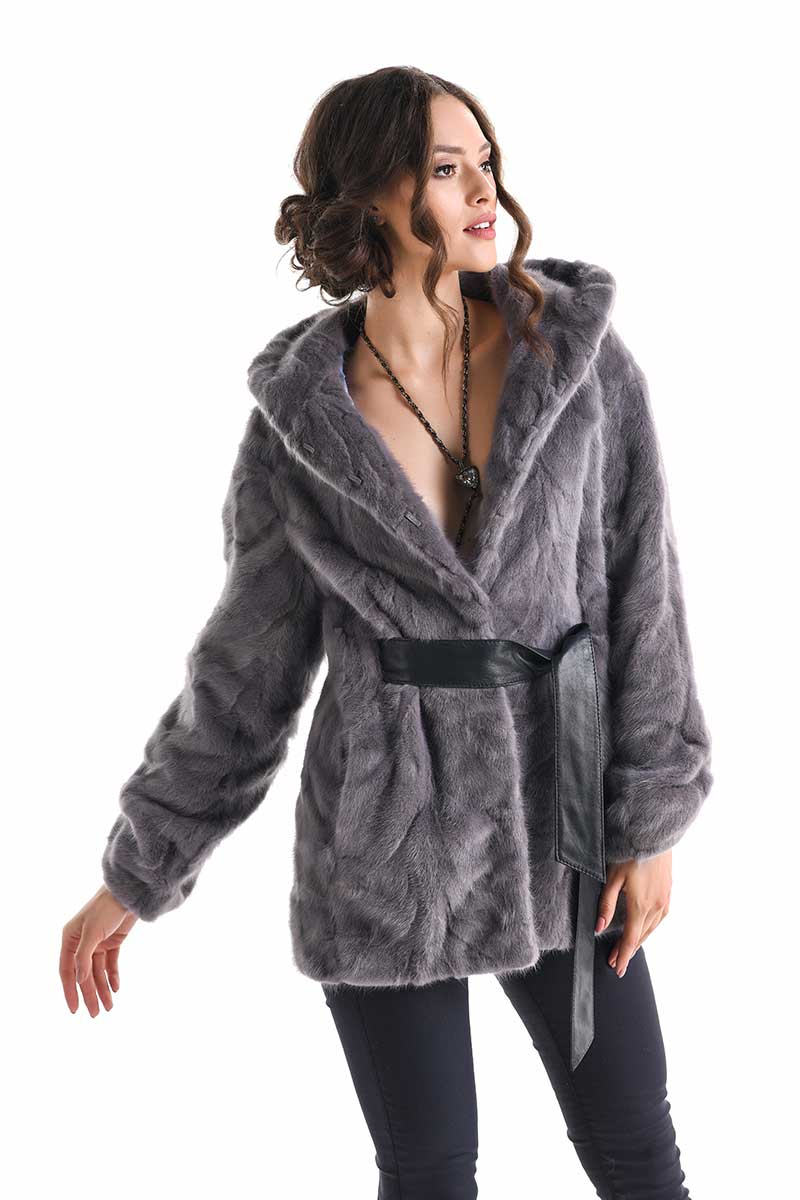 Norelle Beaumont — Gray Hooded Genuine Mink Fur Coat with Leather Belt