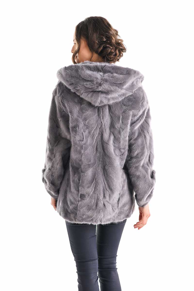Norelle Beaumont — Gray Hooded Genuine Mink Fur Coat with Leather Belt, alternate view 2