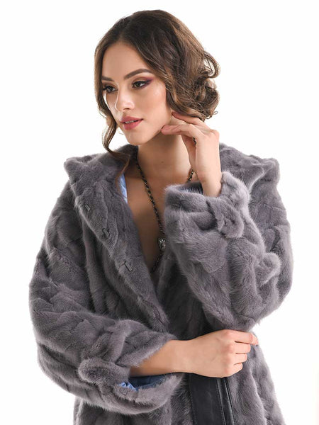 Gray Hooded Genuine Mink Fur Coat with Leather Belt-2
