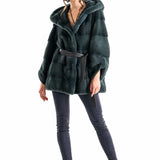 Olive Elegant Genuine Mink Fur Hooded Coat-2